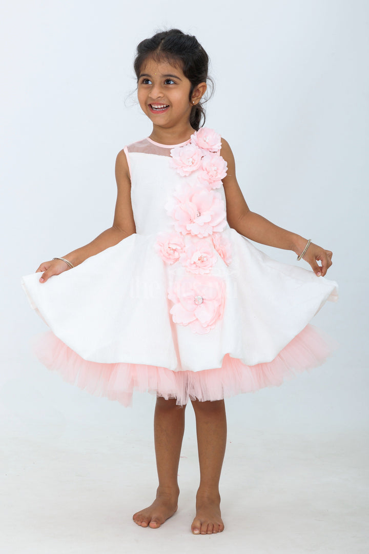 The Nesavu Girls Fancy Party Frock White and Peach Net Girls Party Gown with 3D Floral Appliqué and Tulle Skirt Nesavu 16 (1Y) / White PF192A-16 Nesavu Girls White Peach Party Gown 3D Floral Appliqu Voluminous Tulle Skirt