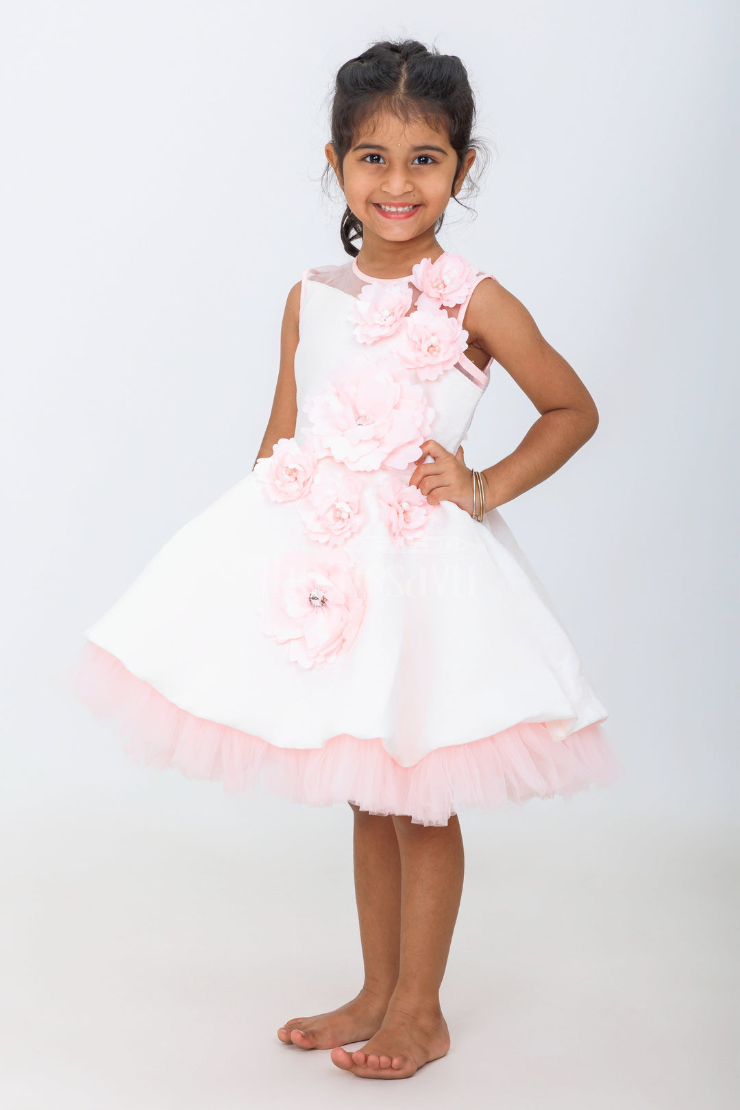 The Nesavu Girls Fancy Party Frock White and Peach Net Girls Party Gown with 3D Floral Appliqué and Tulle Skirt Nesavu Nesavu Girls White Peach Party Gown 3D Floral Appliqu Voluminous Tulle Skirt