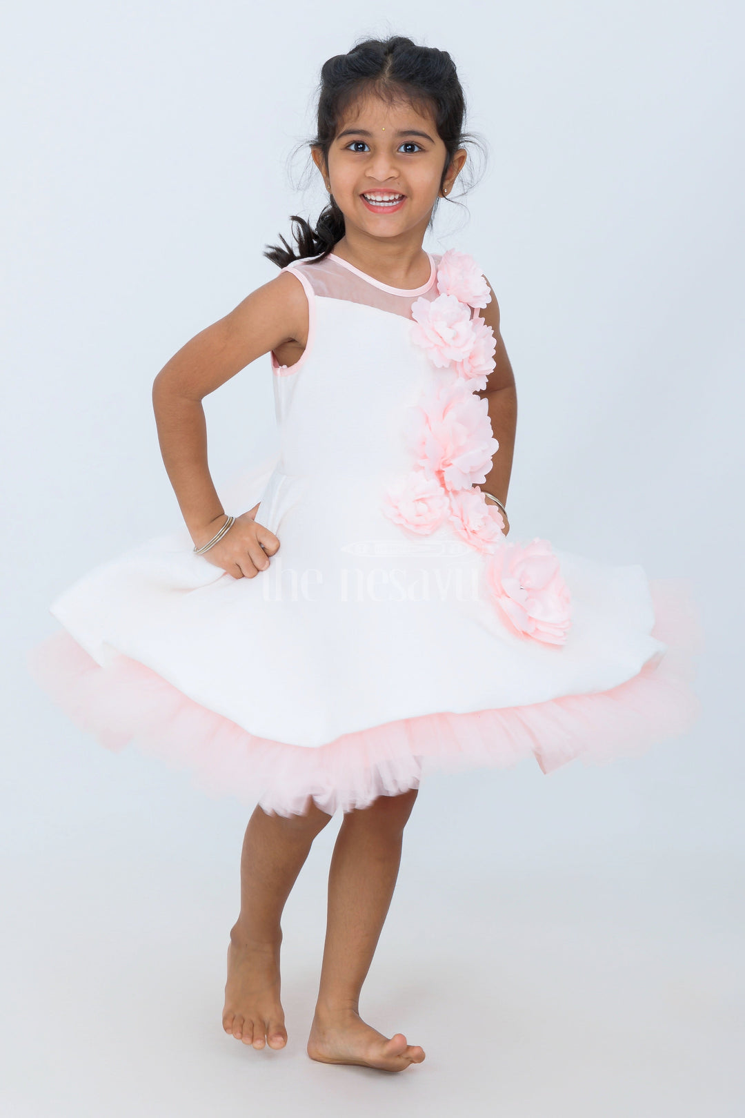 The Nesavu Girls Fancy Party Frock White and Peach Net Girls Party Gown with 3D Floral Appliqué and Tulle Skirt Nesavu Nesavu Girls White Peach Party Gown 3D Floral Appliqu Voluminous Tulle Skirt