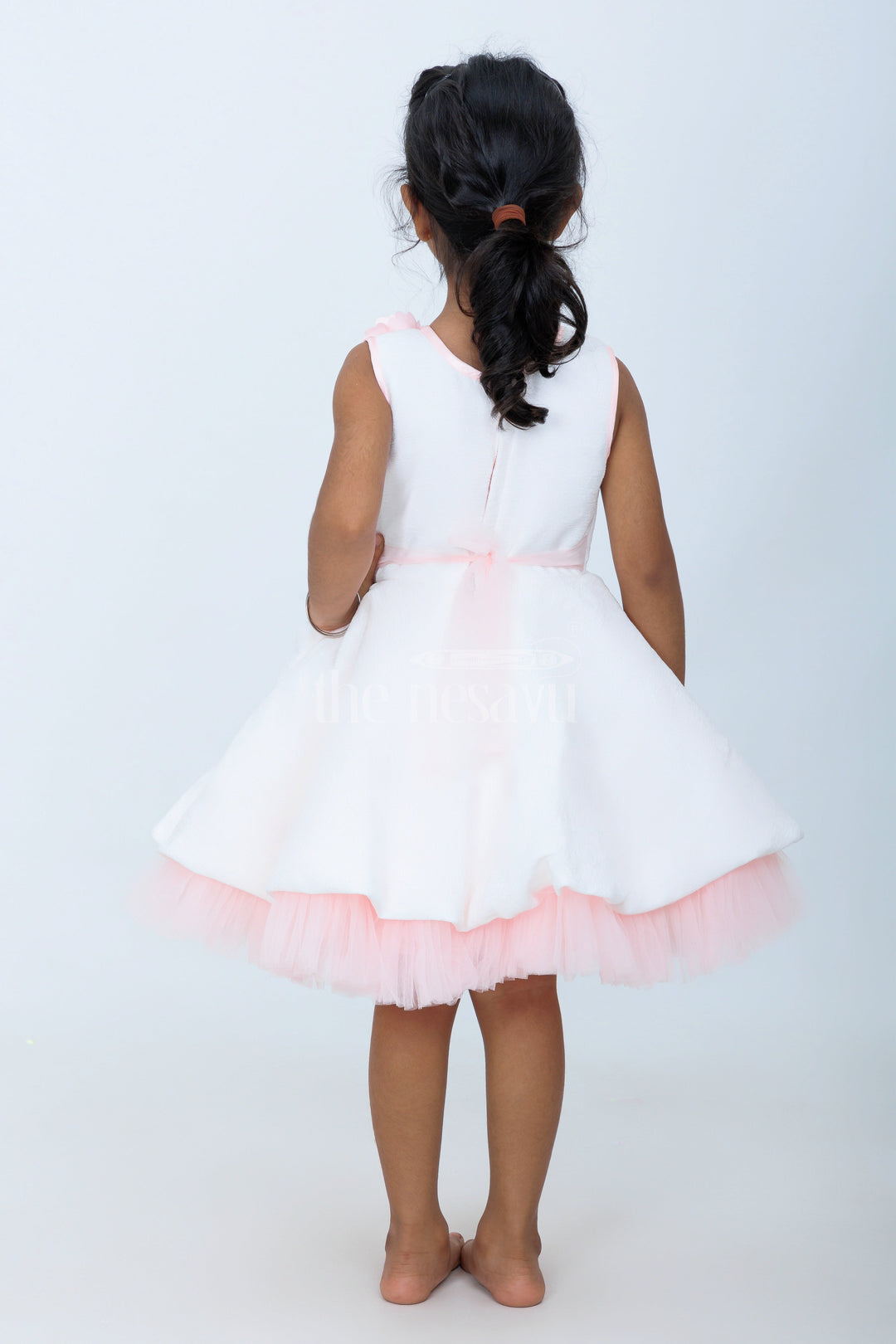 The Nesavu Girls Fancy Party Frock White and Peach Net Girls Party Gown with 3D Floral Appliqué and Tulle Skirt Nesavu Nesavu Girls White Peach Party Gown 3D Floral Appliqu Voluminous Tulle Skirt