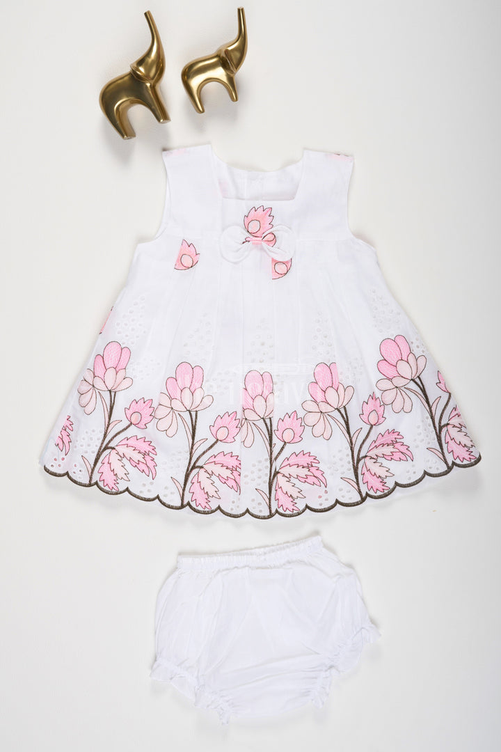 The Nesavu Baby Casual Sets White and Pink Chikankari Cotton Frock with Floral Embroidery Nesavu 10 (NB) / White BFJ610A-10 White and Pink Chikankari Cotton Frock with Bloomers - Nesavu