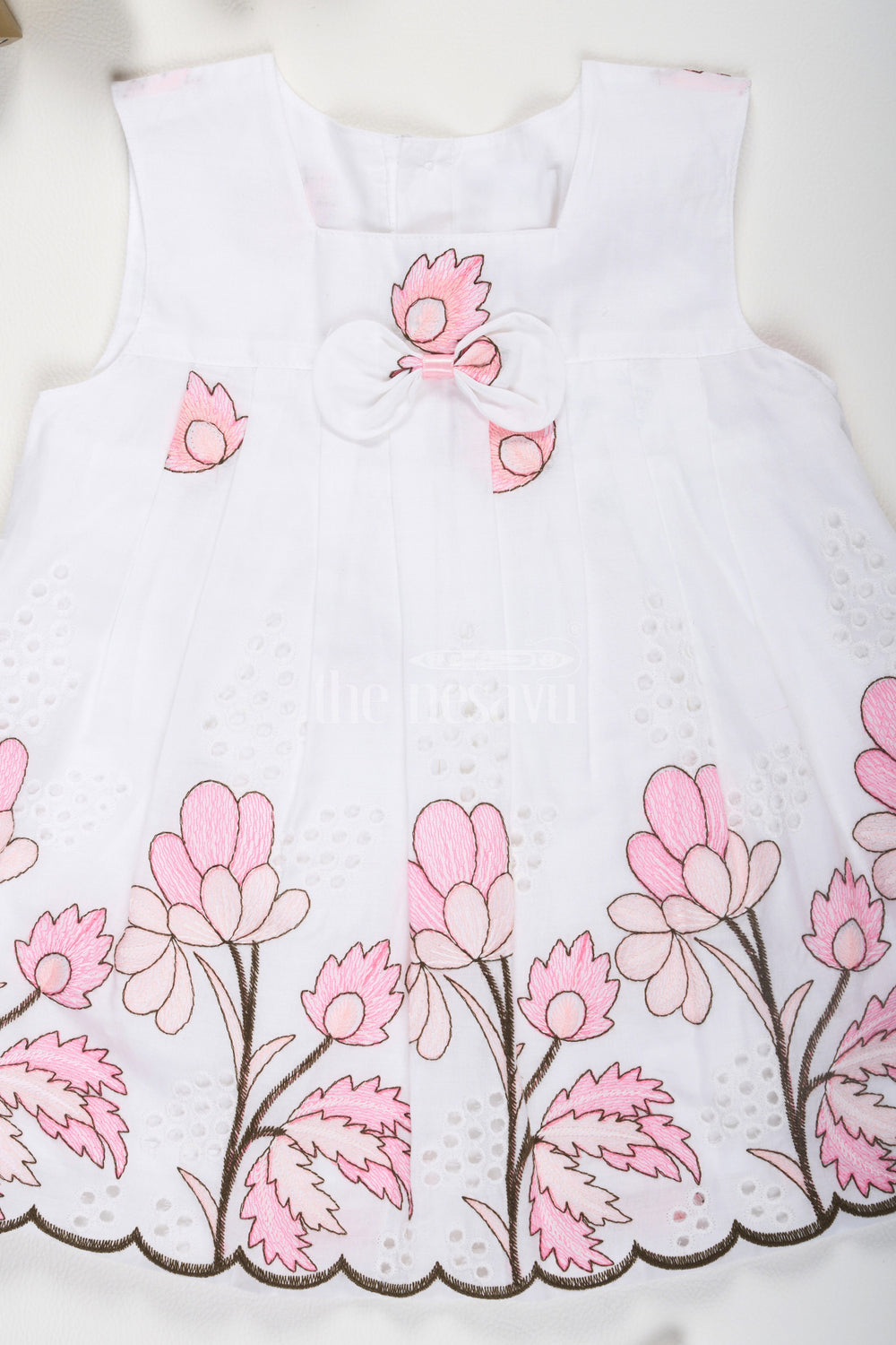 The Nesavu Baby Casual Sets White and Pink Chikankari Cotton Frock with Floral Embroidery Nesavu White and Pink Chikankari Cotton Frock with Bloomers - Nesavu