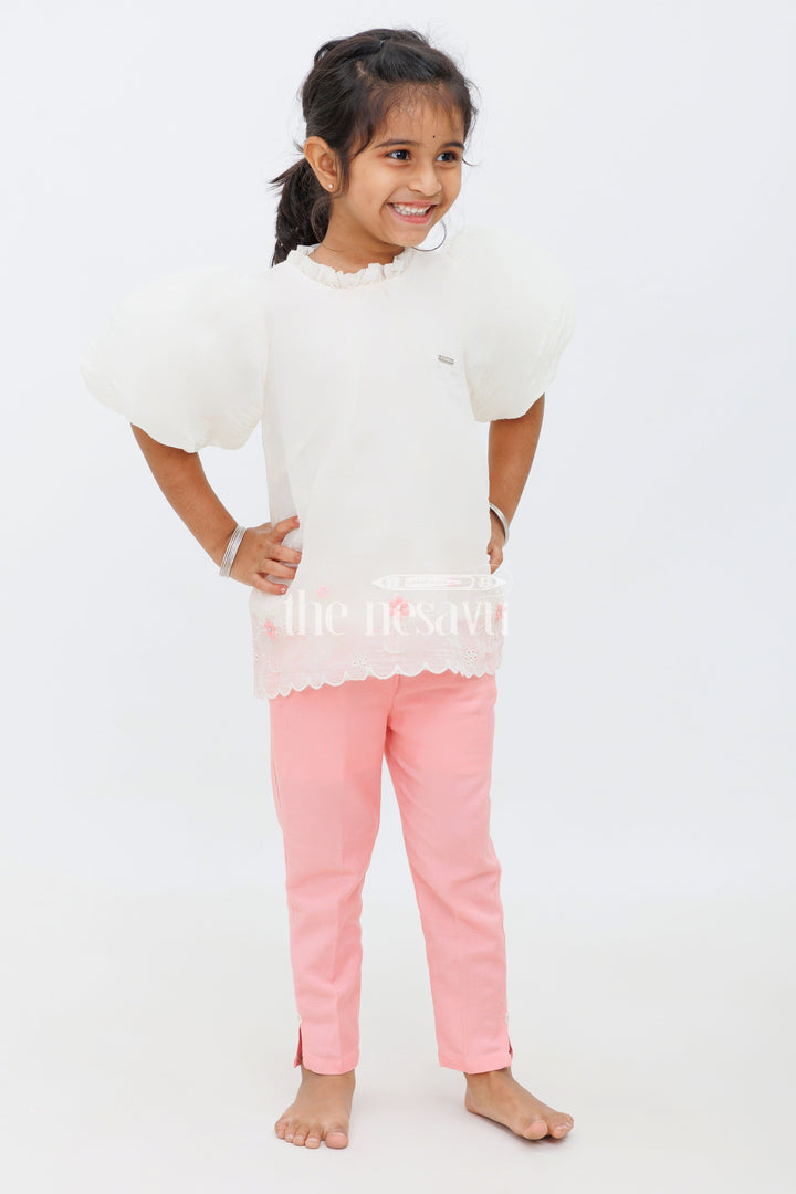 The Nesavu Girls Sharara / Plazo Set White and Pink Kurta with Straight Pants for Girls Nesavu White and Pink Kurta with Straight Pants for Girls - Nesavu