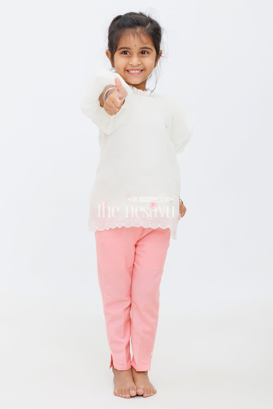 The Nesavu Girls Sharara / Plazo Set White and Pink Kurta with Straight Pants for Girls Nesavu White and Pink Kurta with Straight Pants for Girls - Nesavu