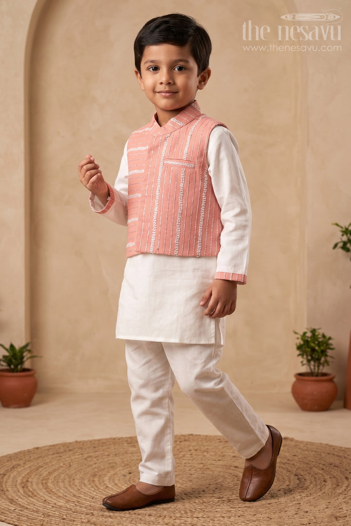 The Nesavu Boys Jacket Sets White and Pink Semi-Linen Boys Kurta Jacket Pant Setperfect for Festive and Formal Occasions Nesavu 12 (3M) / White / Silk Blend BES553A-12 White and Pink Semi-Linen Boys Kurta Jacket Pant Set BES553A - Festive & Formal Wear | The Nesavu