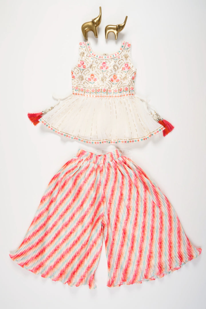 The Nesavu Girls Sharara / Plazo Set White and Red Girls Sharara Set with Embroidered Peplum Top and Striped Palazzo Pants Nesavu 16 (1Y) / White GPS434A-16 Nesavu White Red Embroidered Peplum Girls Sharara Set Striped Palazzo Pants Festive Wear