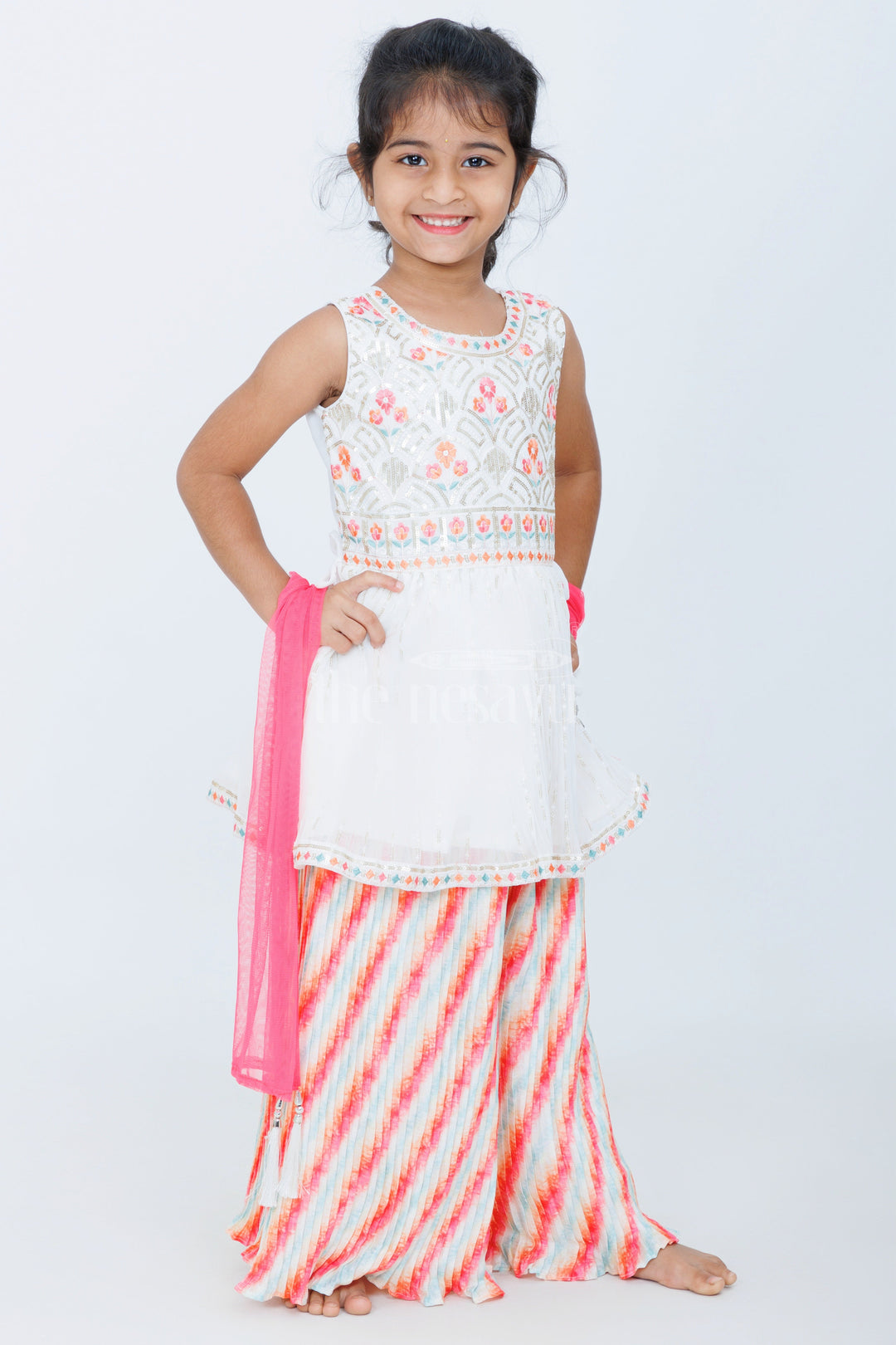 The Nesavu Girls Sharara / Plazo Set White and Red Girls Sharara Set with Embroidered Peplum Top and Striped Palazzo Pants Nesavu Nesavu White Red Embroidered Peplum Girls Sharara Set Striped Palazzo Pants Festive Wear