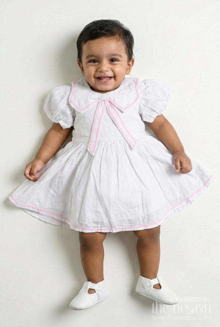 The Nesavu Baby Cotton Frocks White Baby Girl Cotton Frock with Pink Embroidery Puff Sleeve Dress for Summer Playdates Nesavu 14 (6M) / White BFJ823A-14 Nesavu White Baby Girl Cotton Frock Pink Embroidery Puff Sleeve Dress Summer Playdates