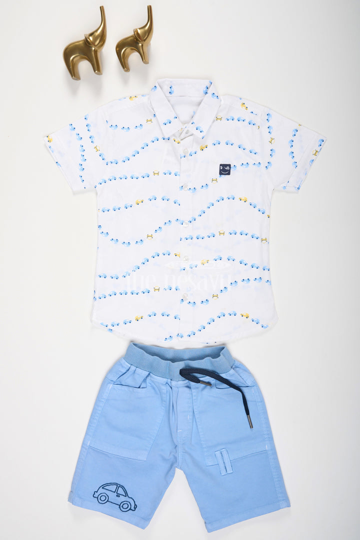 The Nesavu Boys Casual Set White Car Print Half Sleeve Shirt and Blue Shorts Set for Boys Nesavu White Car Print Half Sleeve Shirt and Blue Shorts Set for Boys - Nesavu