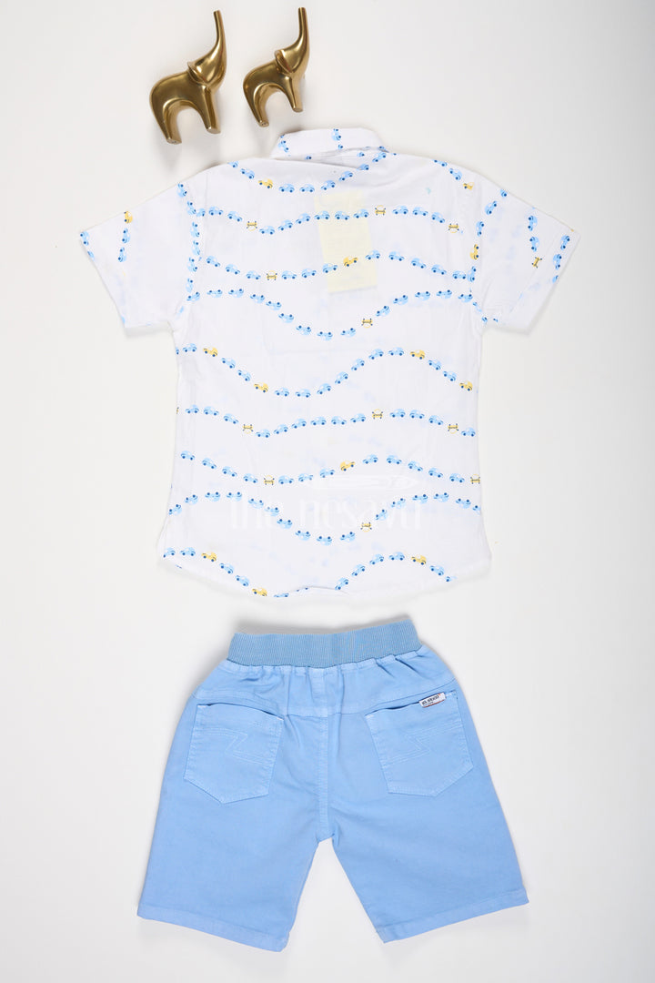 The Nesavu Boys Casual Set White Car Print Half Sleeve Shirt and Blue Shorts Set for Boys Nesavu White Car Print Half Sleeve Shirt and Blue Shorts Set for Boys - Nesavu