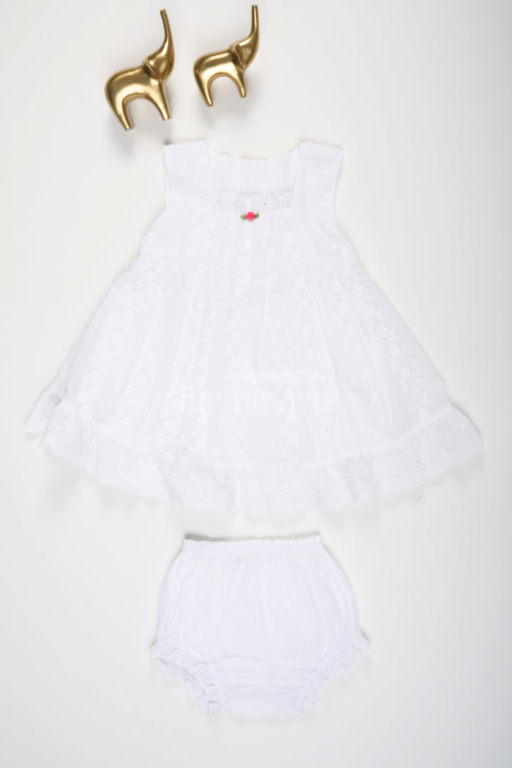 The Nesavu Baby Casual Sets White Chikankari Embroidery Cotton Frock with Bloomers Nesavu 10 (NB) / White BFJ608A-10 White Chikankari Embroidery Cotton Frock with Bloomers - Nesavu