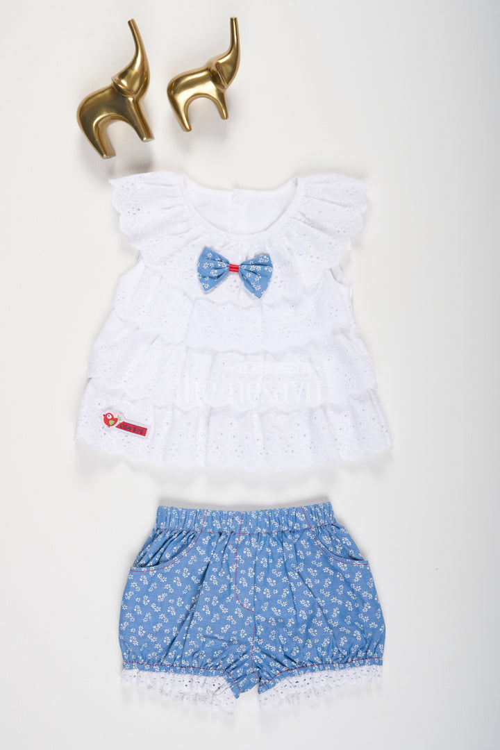 The Nesavu Baby Casual Sets White Chikankari Frock with Blue Floral Printed Bloomers Nesavu 10 (NB) / White BFJ612A-10 White Chikankari Frock with Blue Floral Bloomers - Nesavu