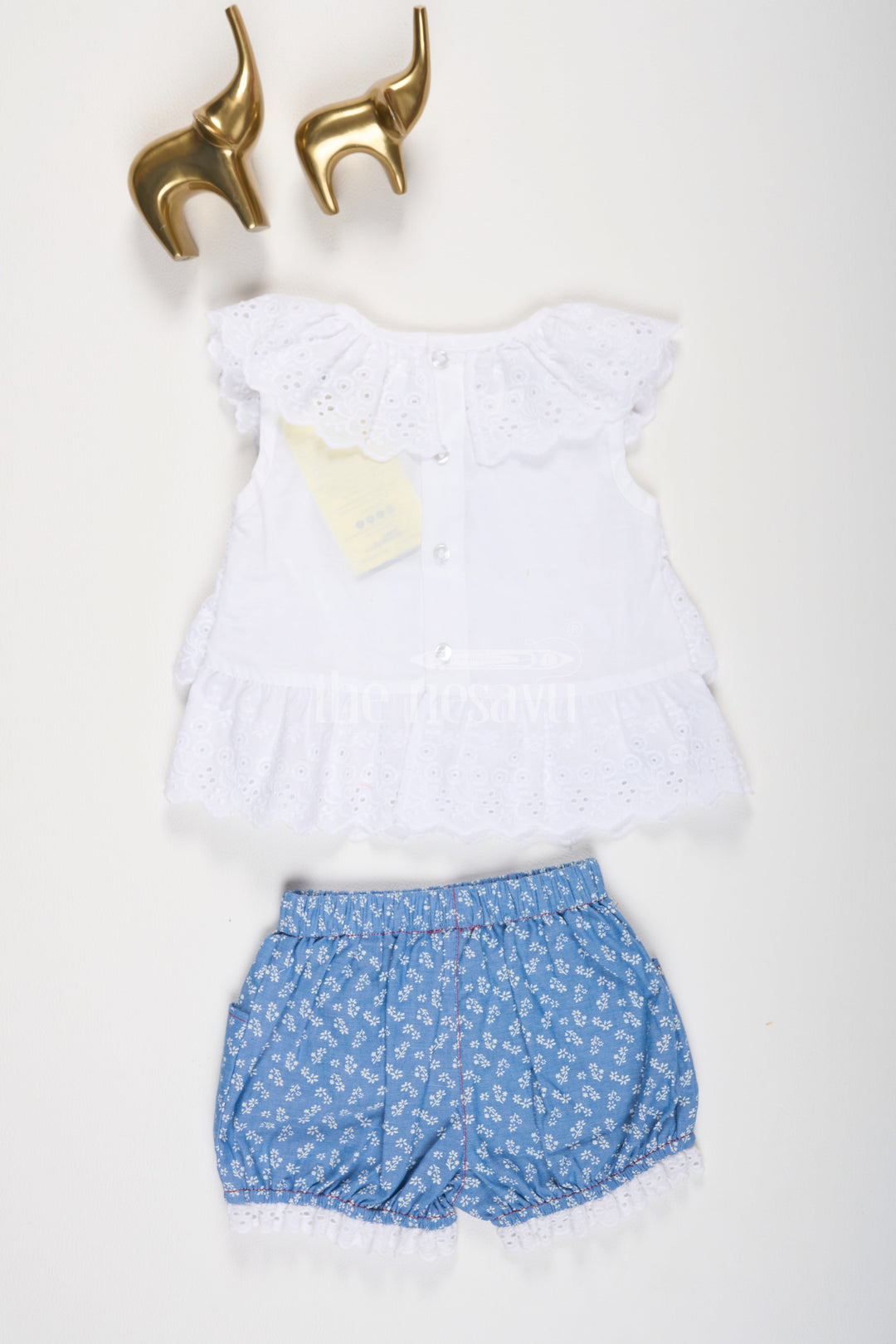 The Nesavu Baby Casual Sets White Chikankari Frock with Blue Floral Printed Bloomers Nesavu White Chikankari Frock with Blue Floral Bloomers - Nesavu