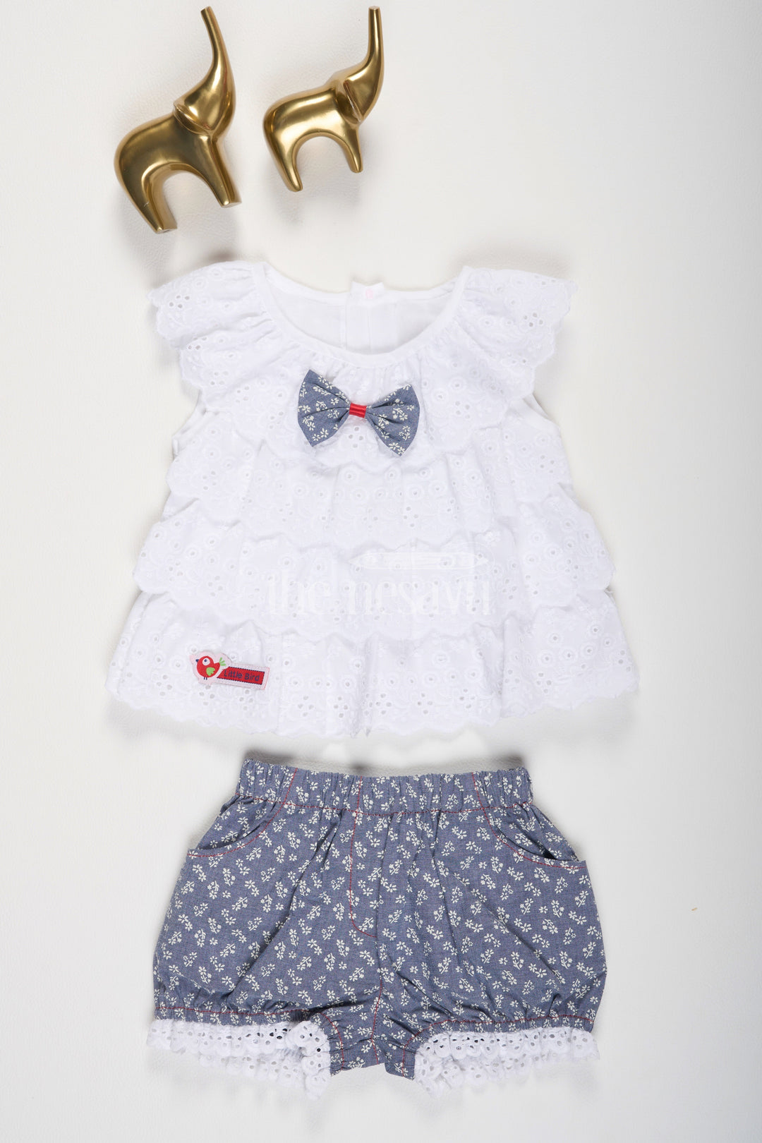 The Nesavu Baby Casual Sets White Chikankari Frock with Denim Blue Floral Printed Bloomers Nesavu 10 (NB) / White BFJ612B-10 White Chikankari Frock with Denim Blue Floral Bloomers - Nesavu