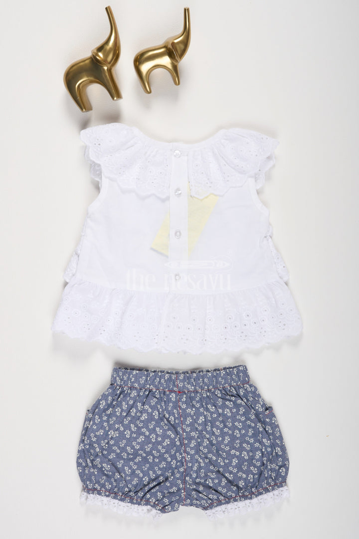 The Nesavu Baby Casual Sets White Chikankari Frock with Denim Blue Floral Printed Bloomers Nesavu White Chikankari Frock with Denim Blue Floral Bloomers - Nesavu