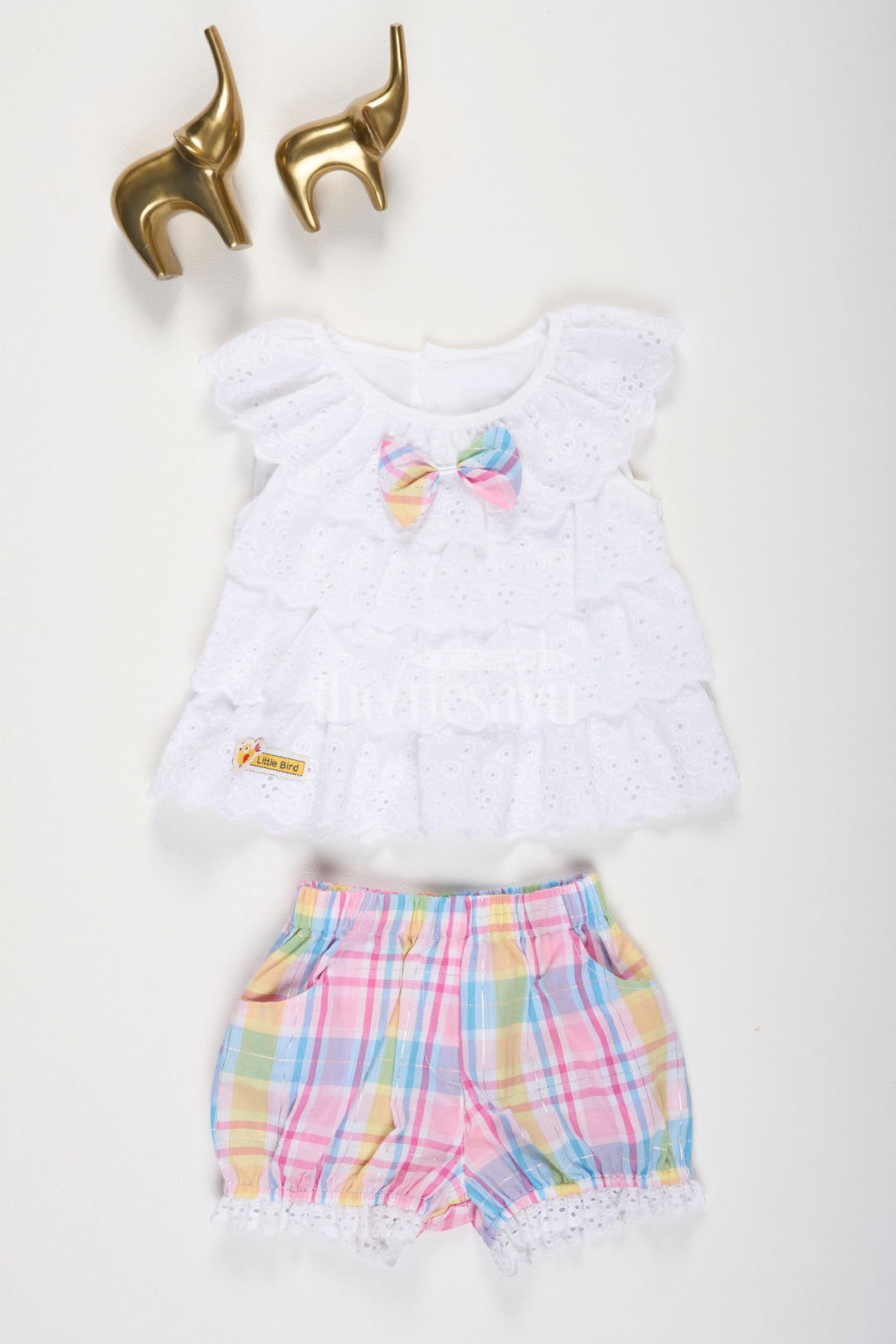 The Nesavu Baby Casual Sets White Chikankari Layered Frock with Madras Checked Bloomers Nesavu 10 (NB) / White BFJ611A-10 White Chikankari Layered Frock with Madras Checked Bloomers - Nesavu