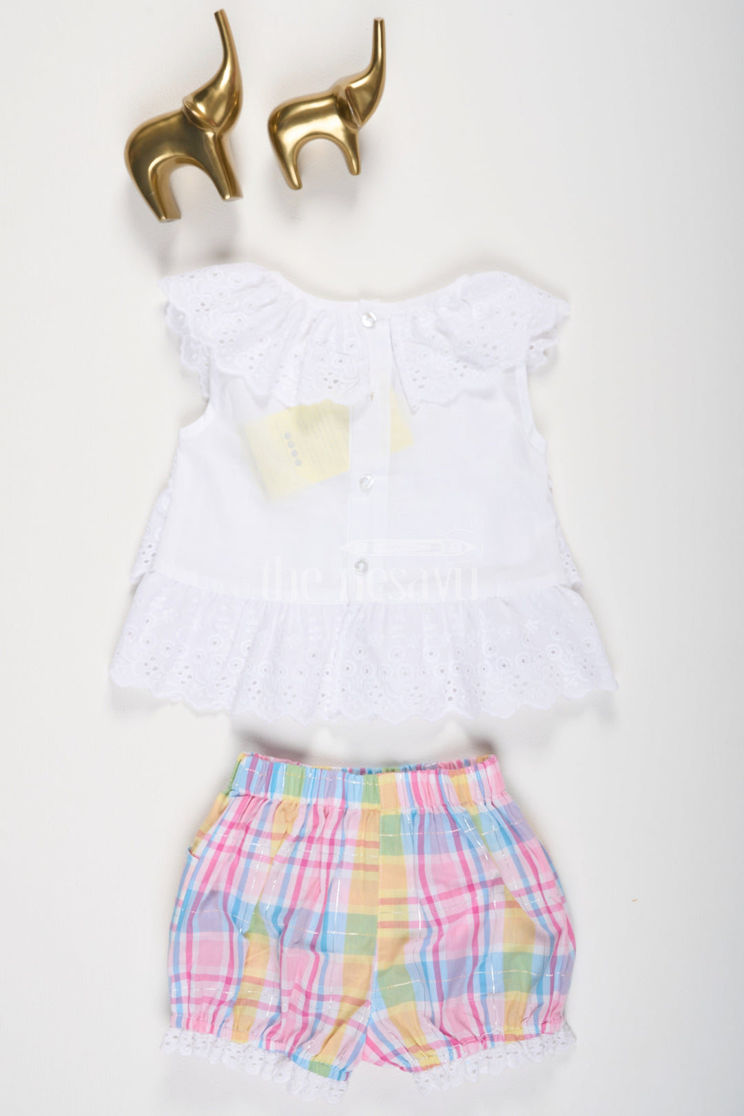 The Nesavu Baby Casual Sets White Chikankari Layered Frock with Madras Checked Bloomers Nesavu White Chikankari Layered Frock with Madras Checked Bloomers - Nesavu