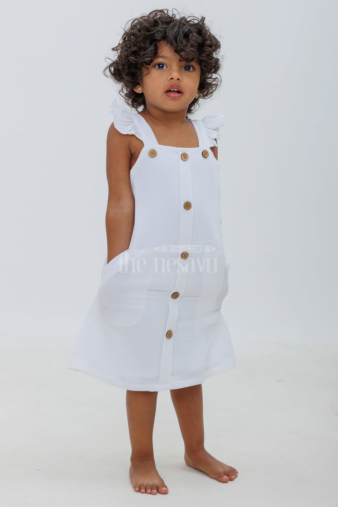 The Nesavu Baby Fancy Frock White Cotton Blend Frock with Button Front and Cap Sleeves Nesavu 16 (1Y) / White BFJ590B-16 White Cotton Blend Frock with Button Front and Cap Sleeves - Nesavu