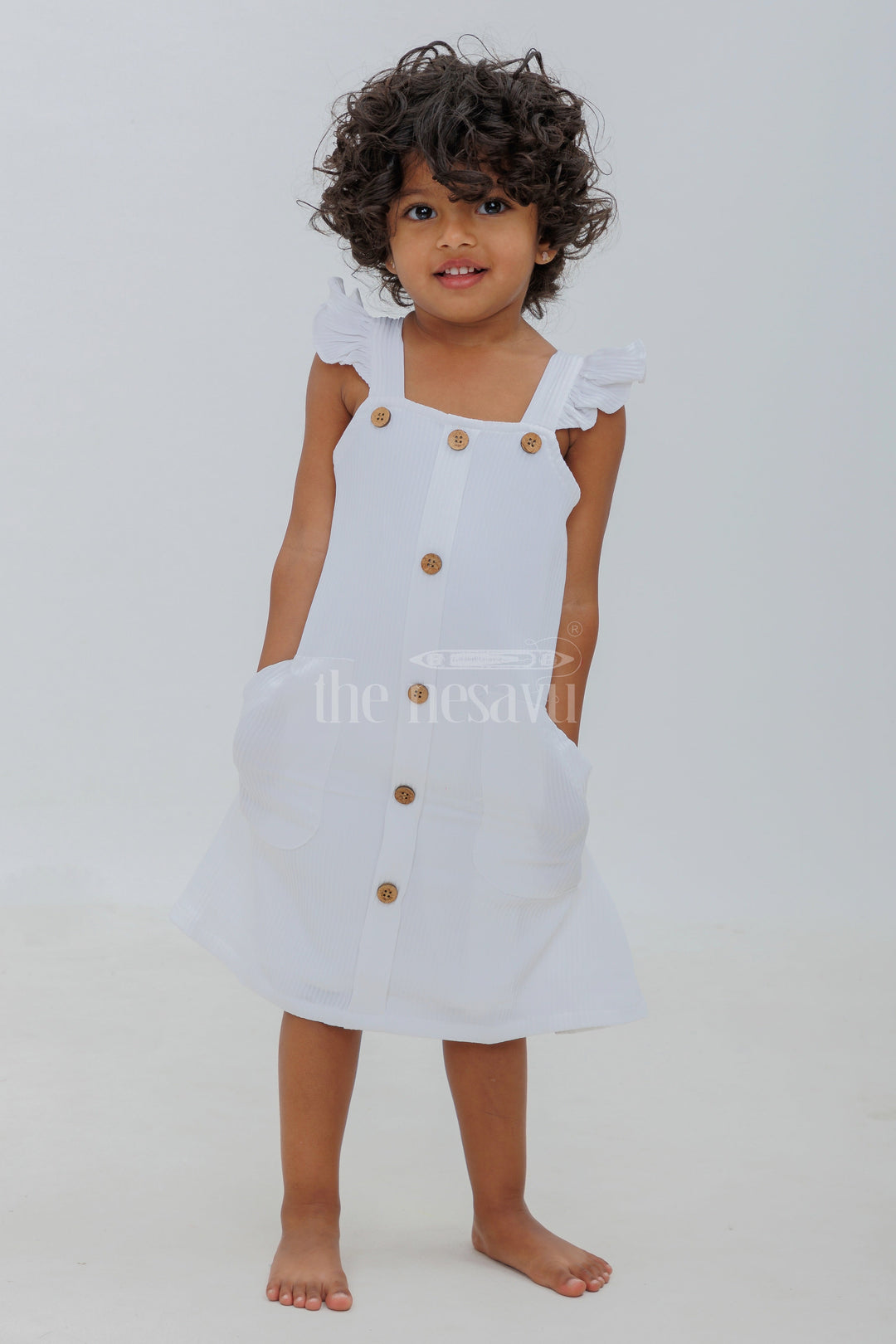 The Nesavu Baby Fancy Frock White Cotton Blend Frock with Button Front and Cap Sleeves Nesavu White Cotton Blend Frock with Button Front and Cap Sleeves - Nesavu