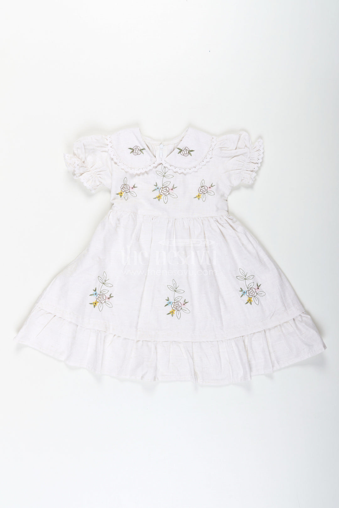 The Nesavu Girls Cotton Frock White Cotton Frocks for Girls with Floral Embroidery Puff Sleeves and Peter Pan Collar Nesavu 20 (3Y) / White GFC1710A-20 White Cotton Frocks for Girls with Embroidery Puff Sleeves and Peter Pan Lace Collar | The Nesavu