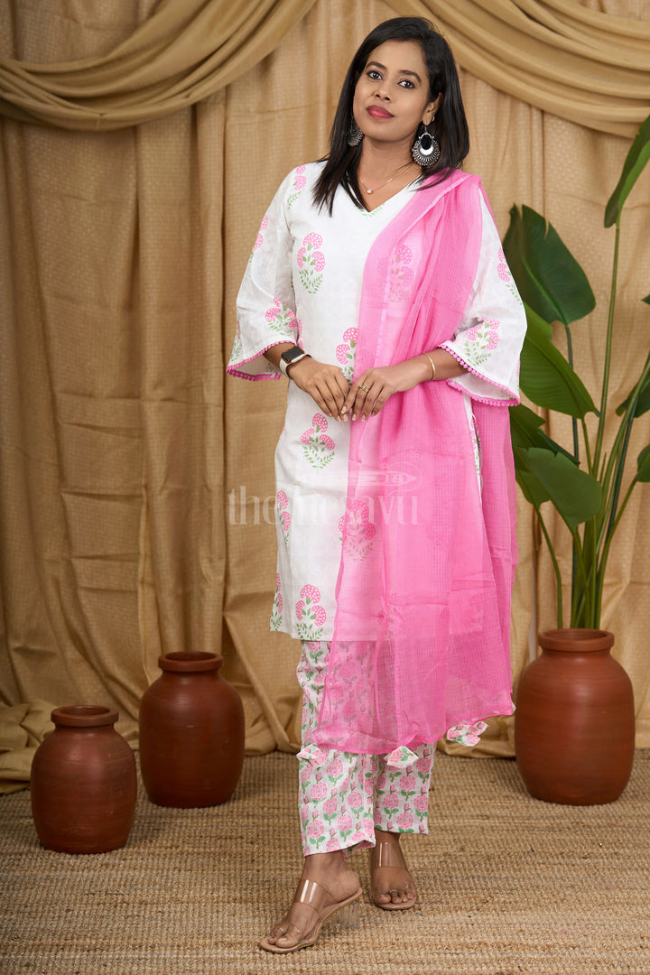 The Nesavu Womens Straight Suit Sets White Cotton Straight Kurta with Pink Floral Motifs and V-Neckline Nesavu Nesavu White Cotton Kurta Pink Floral Motifs V-Neckline Women