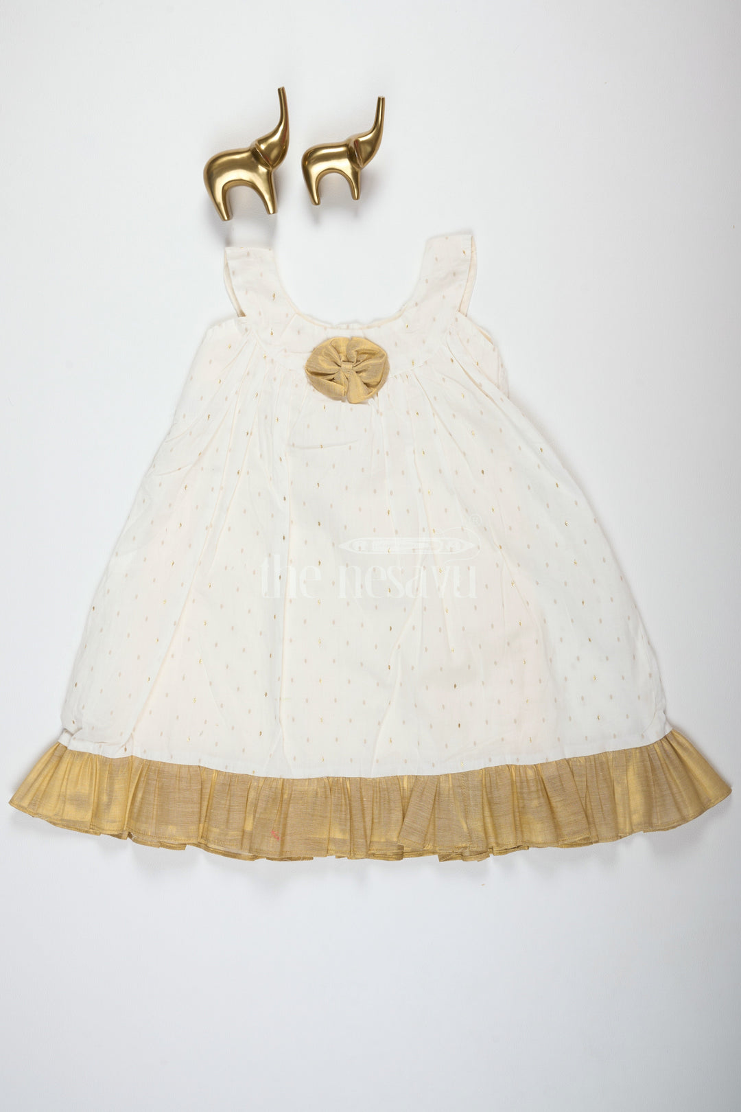 The Nesavu Baby Cotton Frocks White Frock ALine Cotton Dress with Golden Motifs and Tissue Hemline Nesavu 14 (6M) / Cream BFJ620A-14 White A-Line Cotton Frock with Golden Motifs and Tissue Hemline for Girls Nesavu