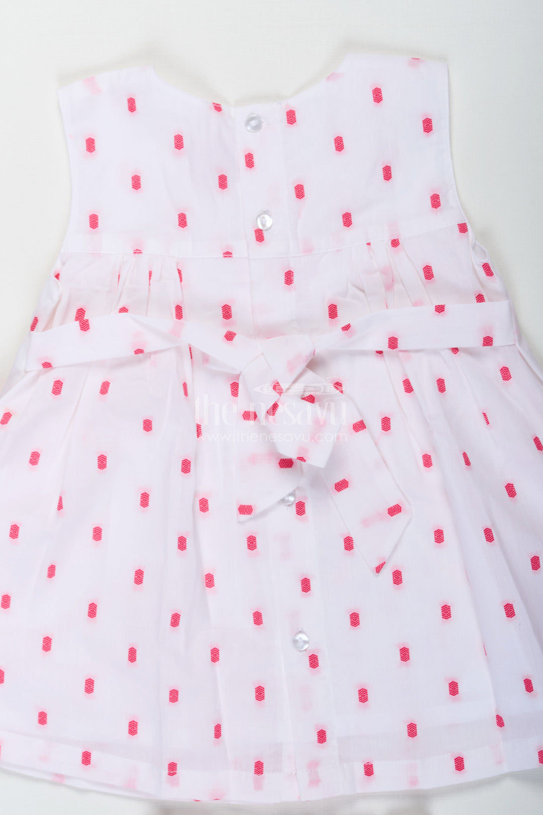 The Nesavu Baby Cotton Frocks White Frock for Baby Girl in Cotton Dobby with Pink Embroidery and Matching Bloomers Nesavu White Frock Baby Girl Cotton Dobby Pink Embroidery Bloomers | The Nesavu