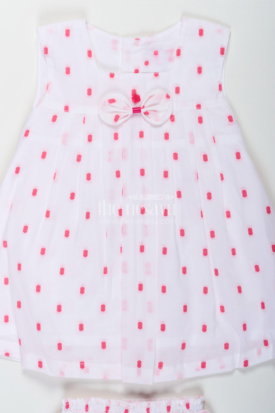 The Nesavu Baby Cotton Frocks White Frock for Baby Girl in Cotton Dobby with Pink Embroidery and Matching Bloomers Nesavu White Frock Baby Girl Cotton Dobby Pink Embroidery Bloomers | The Nesavu
