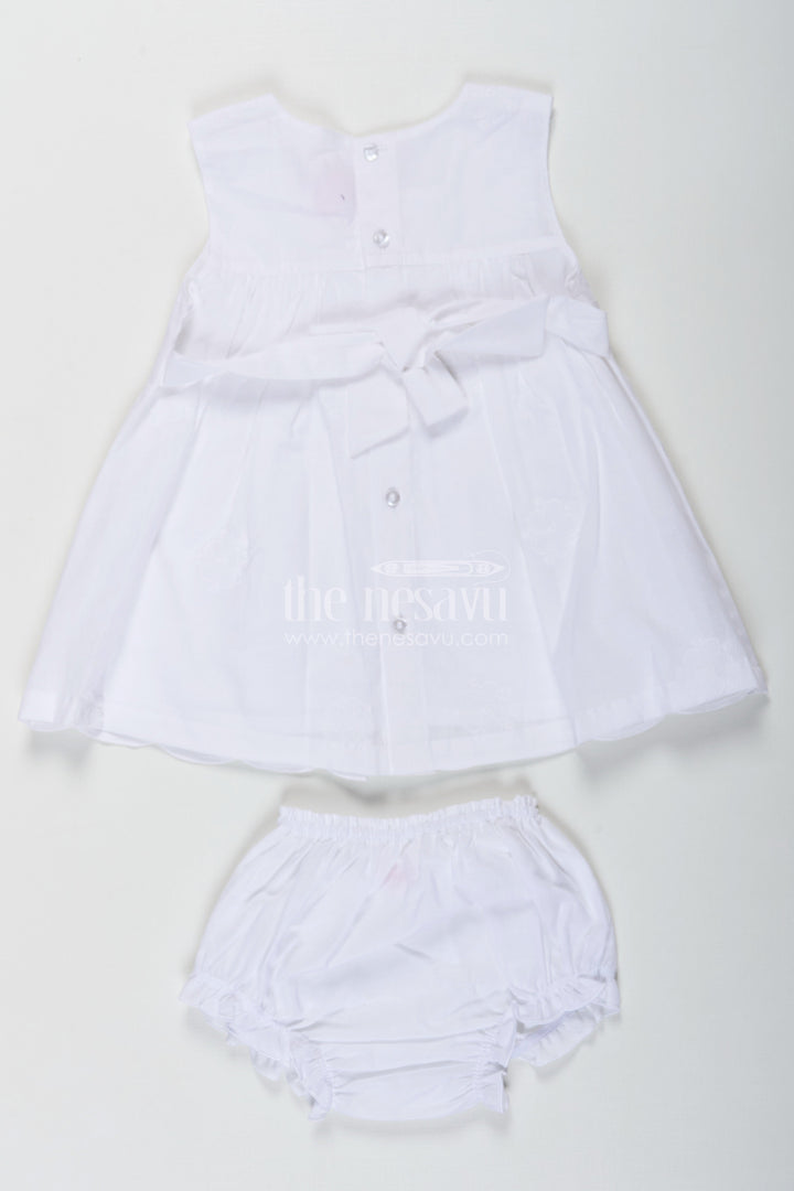 The Nesavu Baby Cotton Frocks White Frock for Baby with Classic Cotton Hakoba Embroidery and Matching Bloomers Nesavu White Frock Baby Cotton Hakoba Embroidery Matching Bloomers | The Nesavu
