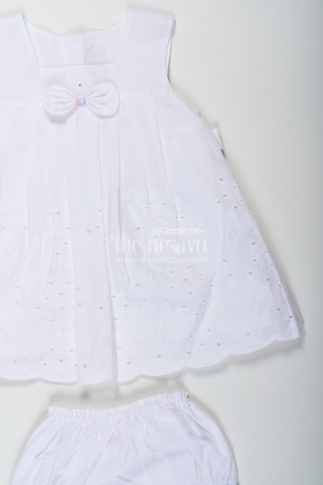 The Nesavu Baby Cotton Frocks White Frock for Baby with Classic Cotton Hakoba Embroidery and Matching Bloomers Nesavu White Frock Baby Cotton Hakoba Embroidery Matching Bloomers | The Nesavu