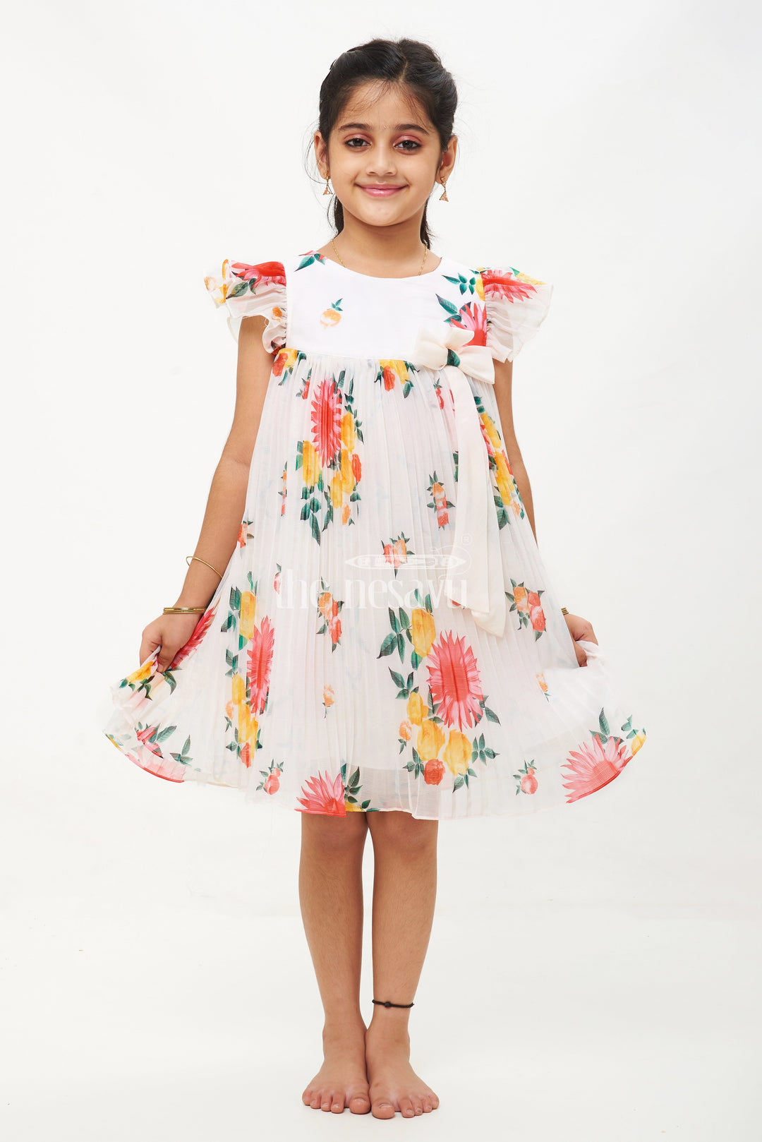 The Nesavu Girls Fancy Frock White Georgette Floral Pleated Frock for Girls Nesavu 18 (2Y) / White GFC1347B-18