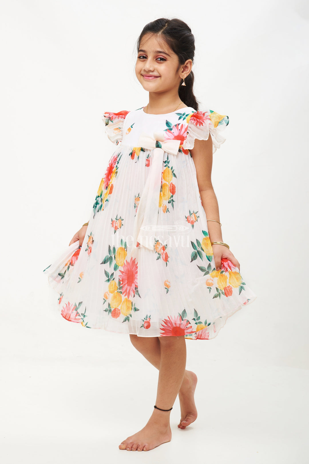 The Nesavu Girls Fancy Frock White Georgette Floral Pleated Frock for Girls Nesavu