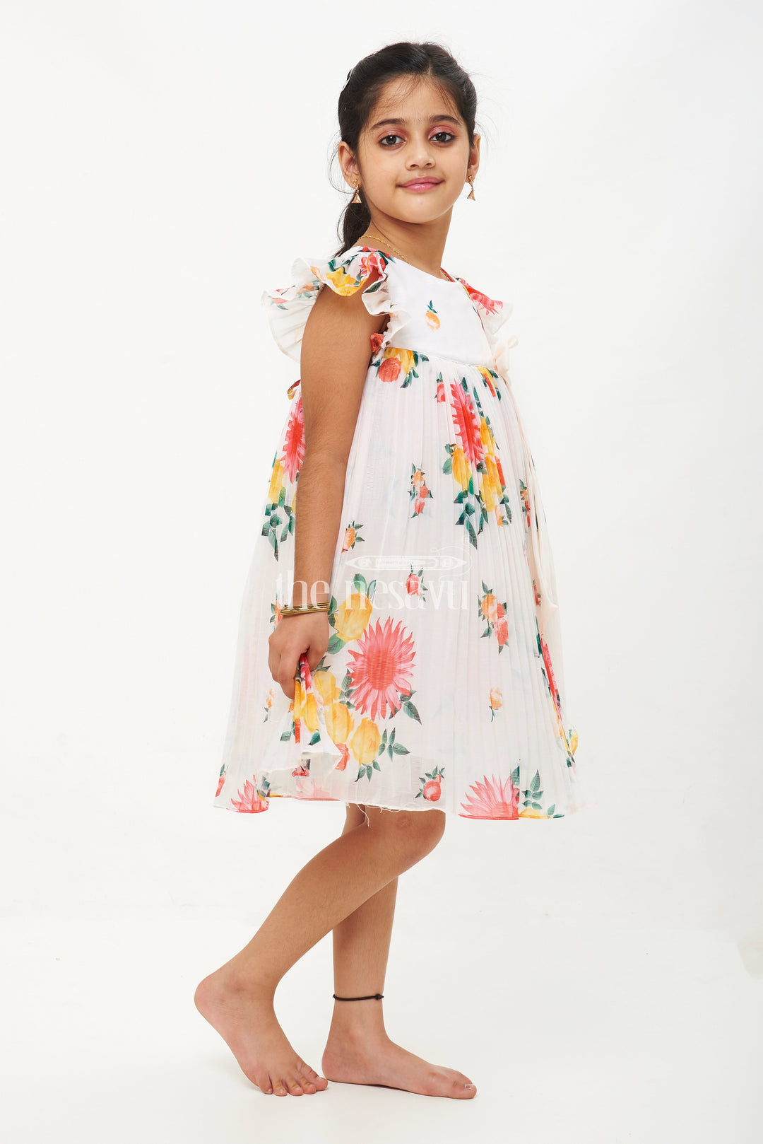 The Nesavu Girls Fancy Frock White Georgette Floral Pleated Frock for Girls Nesavu