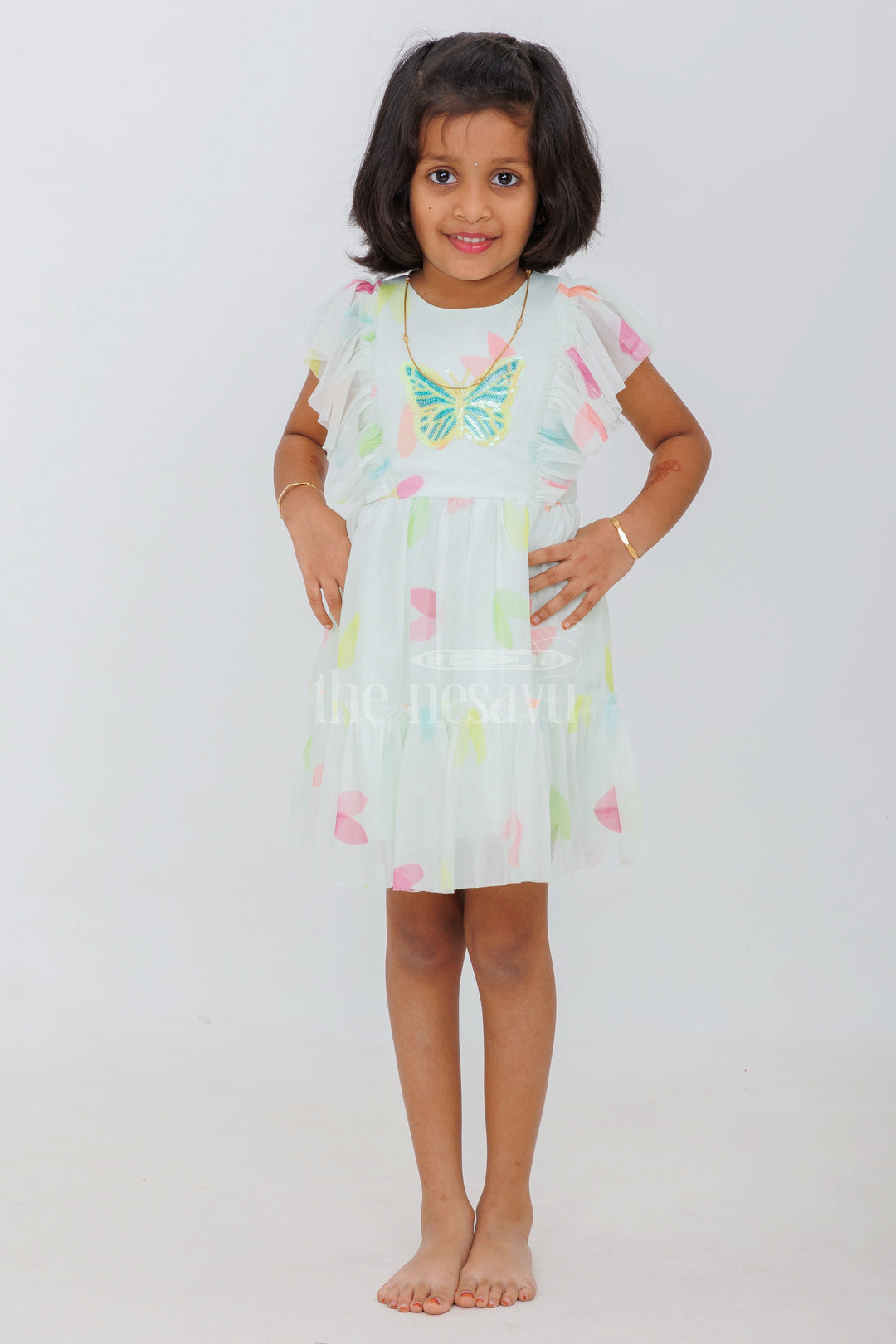 The Nesavu Girls Fancy Frock White Girls Fancy Frock with Butterfly Embroidery and Soft Net Overlay Nesavu 20 (3Y) / White GFC1431A-20 Nesavu White Girls Fancy Frock Butterfly Embroidery Soft Net Overlay