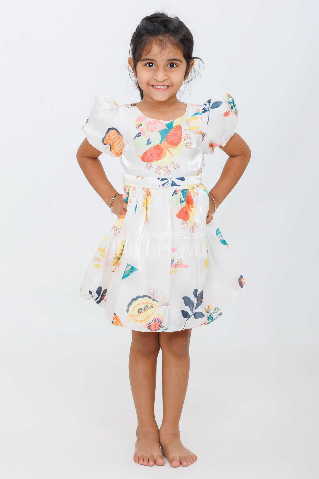 The Nesavu Girls Fancy Frock White Girls Fancy Party Gown with Floral Print and Puff Sleeves for Teenagers Nesavu 20 (3Y) / White GFC1432A-20 Nesavu White Girls Floral Party Gown Puff Sleeves Belted Waist Teens