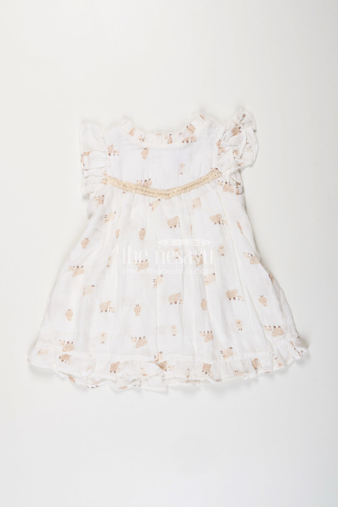The Nesavu Girls Cotton Frock White Muslin Cotton Frock for Baby Girls with Soft Sheep Print Nesavu 18 (2Y) / White GFC1941A-18 Nesavu baby girls white muslin cotton frock with sheep print and ruffle detailing for everyday wear