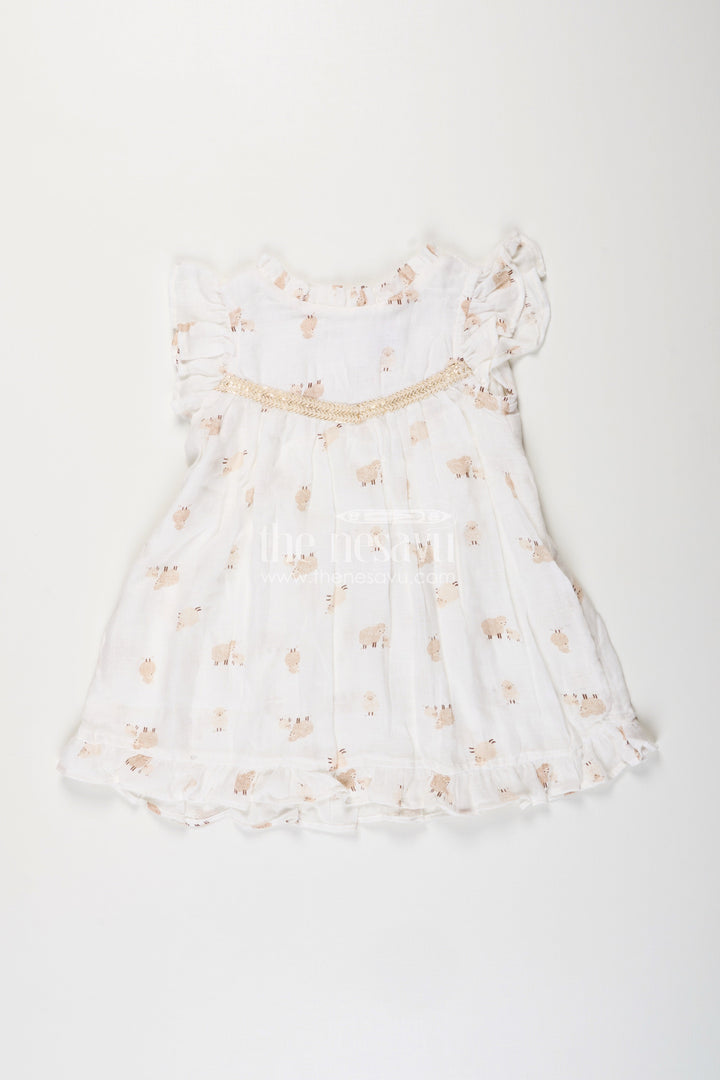 The Nesavu Girls Cotton Frock White Muslin Cotton Frock for Baby Girls with Soft Sheep Print Nesavu 18 (2Y) / White GFC1941A-18 Nesavu baby girls white muslin cotton frock with sheep print and ruffle detailing for everyday wear