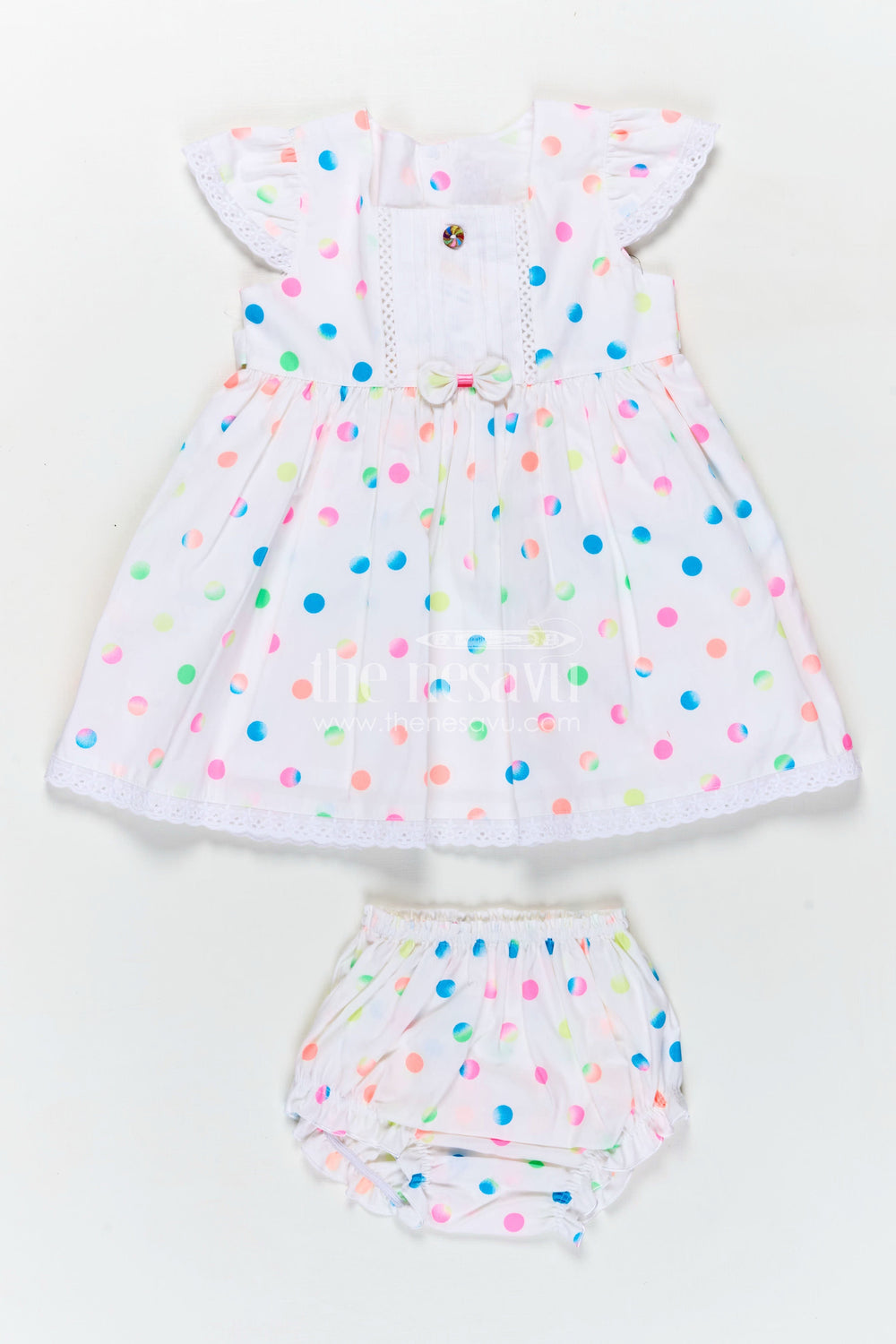 The Nesavu Baby Cotton Frocks White Newborn Clothes in Cotton with Neon Polka Dot Print and Frilly Sleeves for Baby Girls Nesavu 14 (6M) / White BFJ806A-14 Nesavu White Cotton Newborn Clothes Neon Polka Dots Lace Trimmed Sleeves Baby Girls