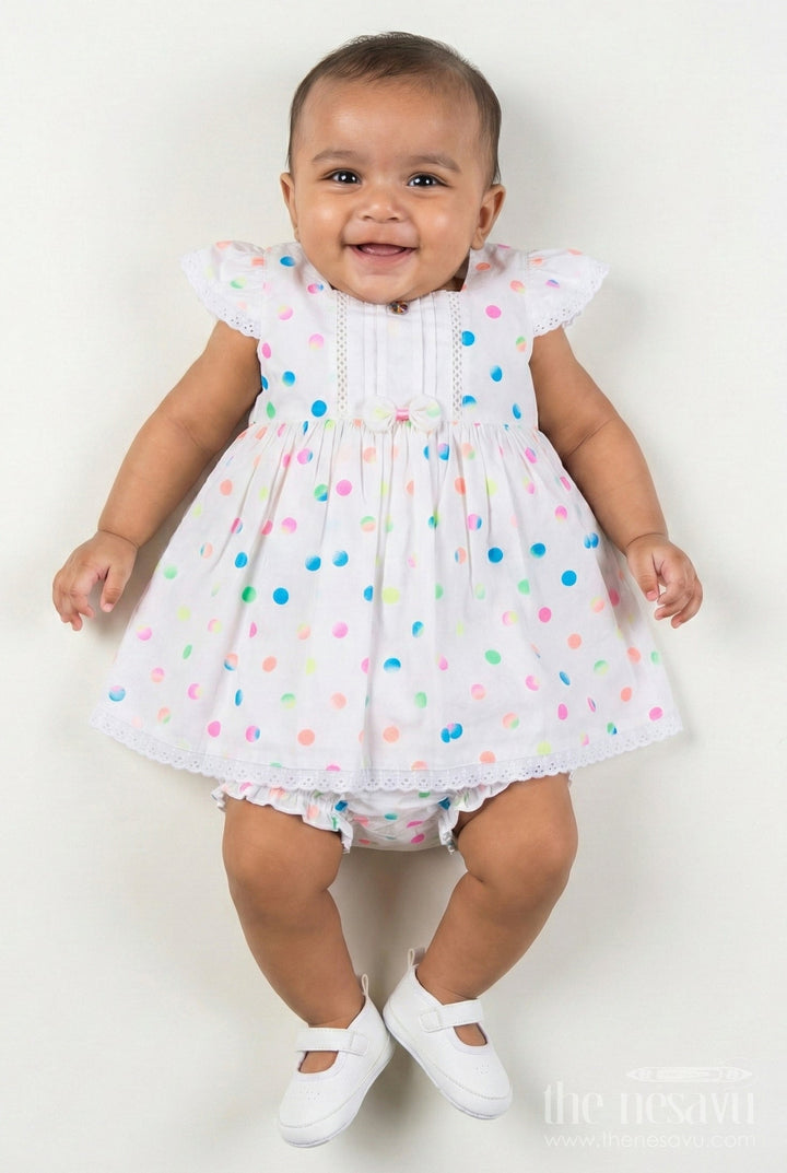The Nesavu Baby Cotton Frocks White Newborn Clothes in Cotton with Neon Polka Dot Print and Frilly Sleeves for Baby Girls Nesavu 14 (6M) / White BFJ806A-14 Nesavu White Cotton Newborn Clothes Neon Polka Dots Lace Trimmed Sleeves Baby Girls