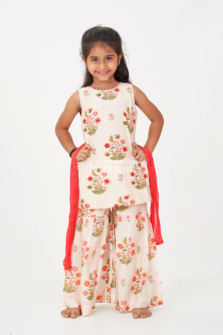 The Nesavu Girls Sharara / Plazo Set White Palazzo Suit for Girls in Floral Digital Print Viscose Silk with Flared Bottoms and Dupatta Nesavu 16 (1Y) / Cream GPS590A-16 White Palazzo Suit for Girls with Floral Digital Print in Viscose Silk and Matching Dupatta | The Nesavu