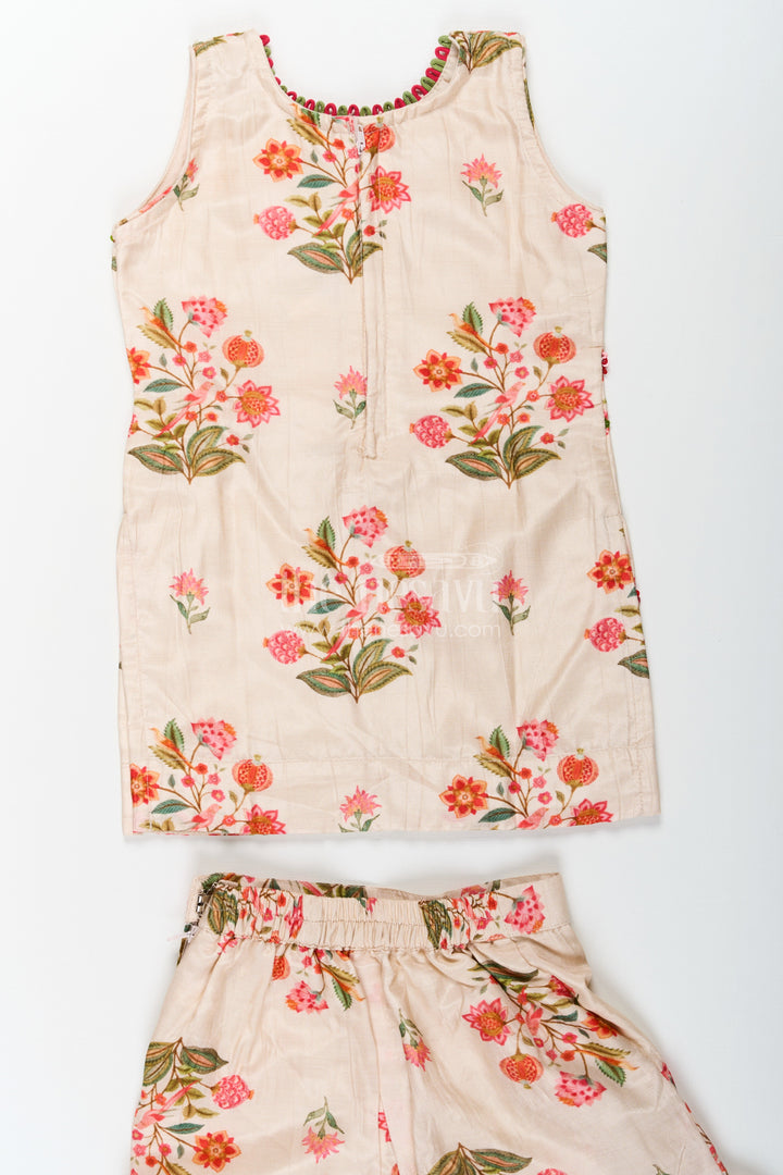 The Nesavu Girls Sharara / Plazo Set White Palazzo Suit for Girls in Floral Digital Print Viscose Silk with Flared Bottoms and Dupatta Nesavu White Palazzo Suit for Girls with Floral Digital Print in Viscose Silk and Matching Dupatta | The Nesavu