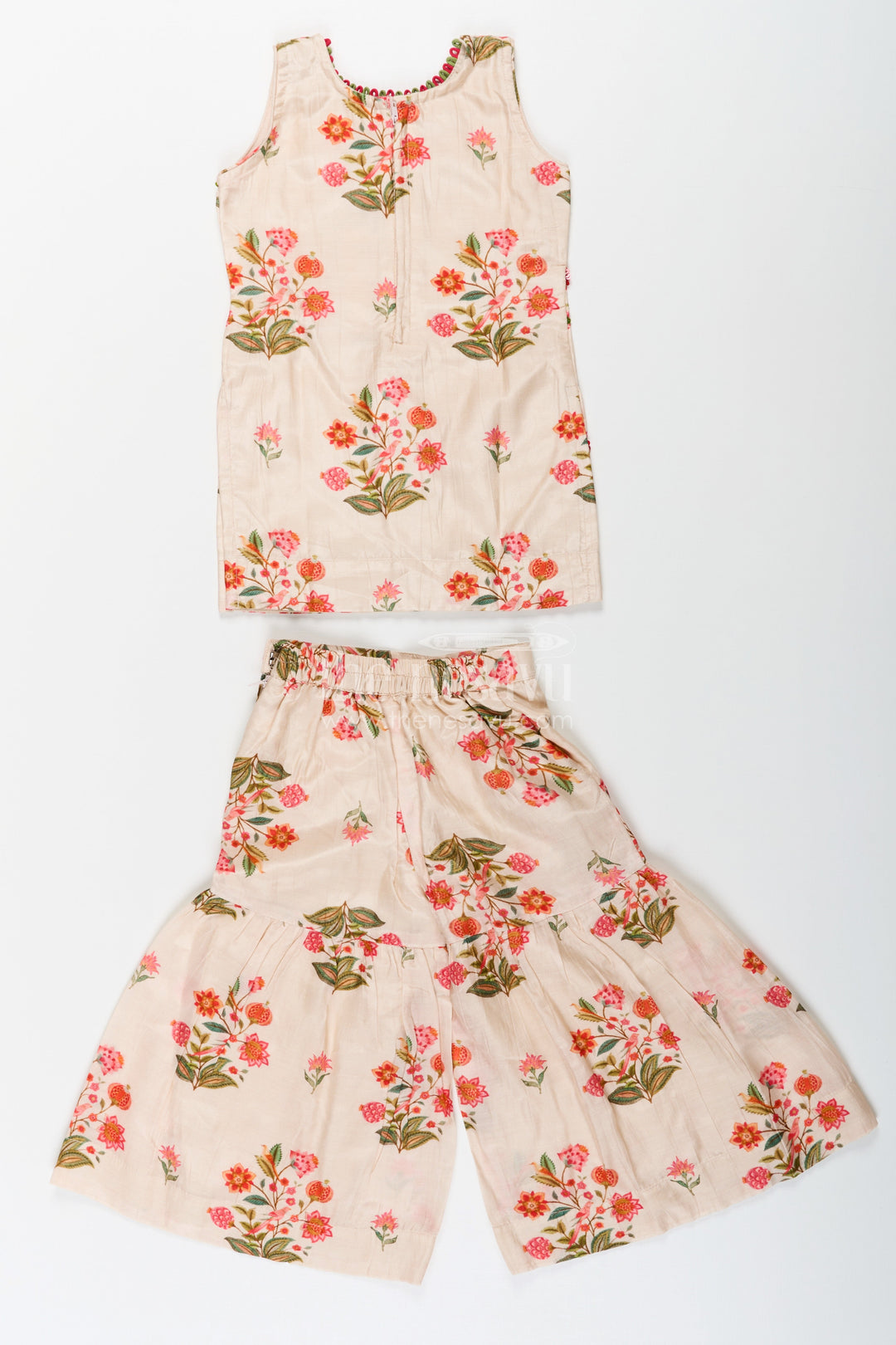 The Nesavu Girls Sharara / Plazo Set White Palazzo Suit for Girls in Floral Digital Print Viscose Silk with Flared Bottoms and Dupatta Nesavu White Palazzo Suit for Girls with Floral Digital Print in Viscose Silk and Matching Dupatta | The Nesavu