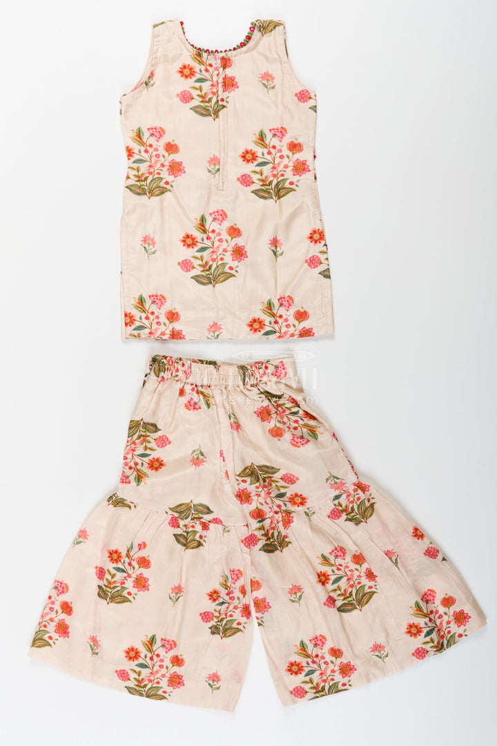 The Nesavu Girls Sharara / Plazo Set White Palazzo Suit for Girls in Floral Digital Print Viscose Silk with Flared Bottoms and Dupatta Nesavu White Palazzo Suit for Girls with Floral Digital Print in Viscose Silk and Matching Dupatta | The Nesavu