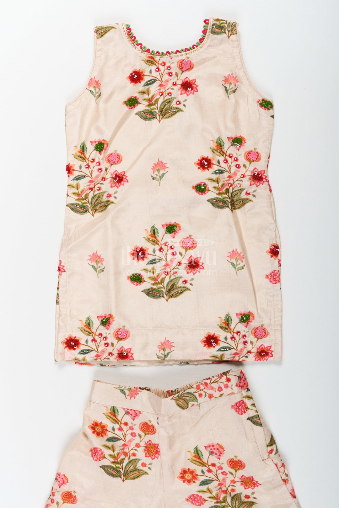 The Nesavu Girls Sharara / Plazo Set White Palazzo Suit for Girls in Floral Digital Print Viscose Silk with Flared Bottoms and Dupatta Nesavu White Palazzo Suit for Girls with Floral Digital Print in Viscose Silk and Matching Dupatta | The Nesavu