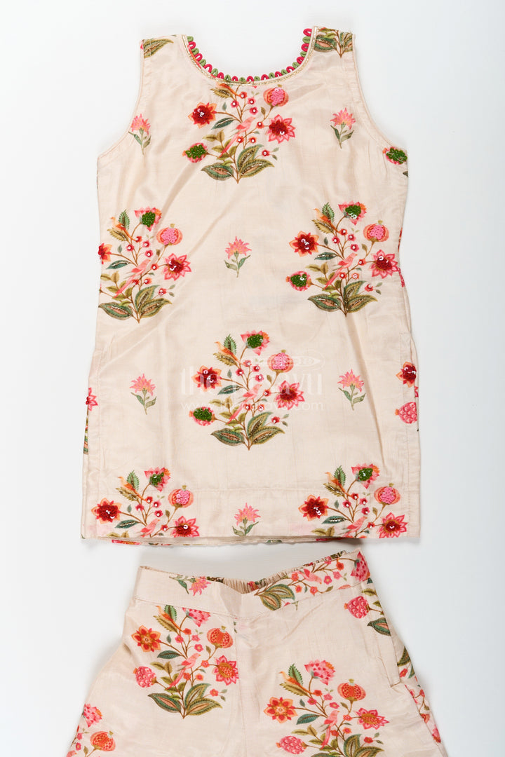 The Nesavu Girls Sharara / Plazo Set White Palazzo Suit for Girls in Floral Digital Print Viscose Silk with Flared Bottoms and Dupatta Nesavu White Palazzo Suit for Girls with Floral Digital Print in Viscose Silk and Matching Dupatta | The Nesavu