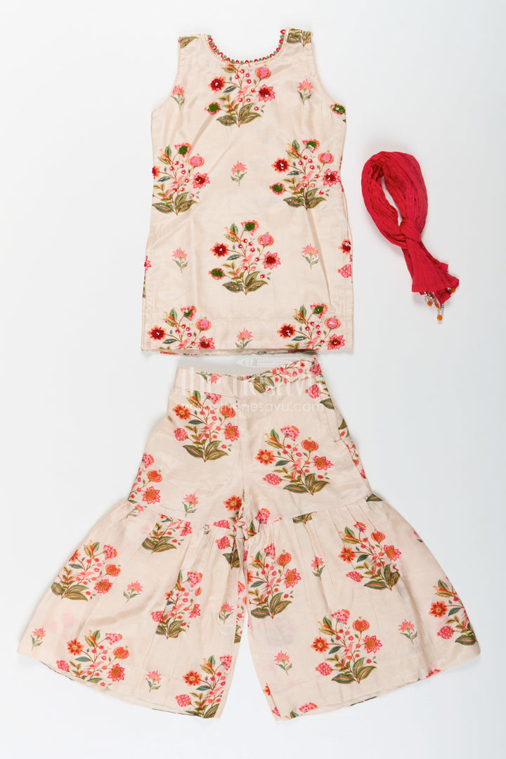 The Nesavu Girls Sharara / Plazo Set White Palazzo Suit for Girls in Floral Digital Print Viscose Silk with Flared Bottoms and Dupatta Nesavu White Palazzo Suit for Girls with Floral Digital Print in Viscose Silk and Matching Dupatta | The Nesavu