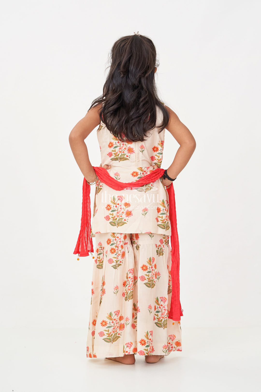 The Nesavu Girls Sharara / Plazo Set White Palazzo Suit for Girls in Floral Digital Print Viscose Silk with Flared Bottoms and Dupatta Nesavu White Palazzo Suit for Girls with Floral Digital Print in Viscose Silk and Matching Dupatta | The Nesavu