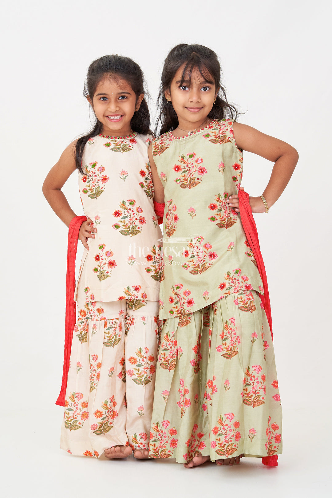 The Nesavu Girls Sharara / Plazo Set White Palazzo Suit for Girls in Floral Digital Print Viscose Silk with Flared Bottoms and Dupatta Nesavu White Palazzo Suit for Girls with Floral Digital Print in Viscose Silk and Matching Dupatta | The Nesavu