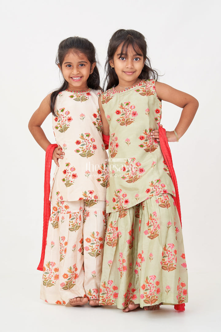 The Nesavu Girls Sharara / Plazo Set White Palazzo Suit for Girls in Floral Digital Print Viscose Silk with Flared Bottoms and Dupatta Nesavu White Palazzo Suit for Girls with Floral Digital Print in Viscose Silk and Matching Dupatta | The Nesavu