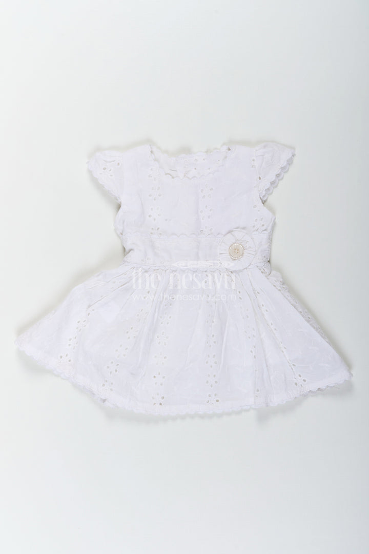 The Nesavu Baby Cotton Frocks White Party Wear Frock for Baby Girls in Cotton Hakoba with Embroidered Floral Details and Mini Handbag Nesavu 12 (3M) / White BFJ779B-12 White Party Wear Frock Baby Girls Hakoba Embroidery Beaded Handbag | The Nesavu